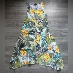 Context Green Yellow Tropical Linen Blend Handkerchief Hem Island Dress Size L